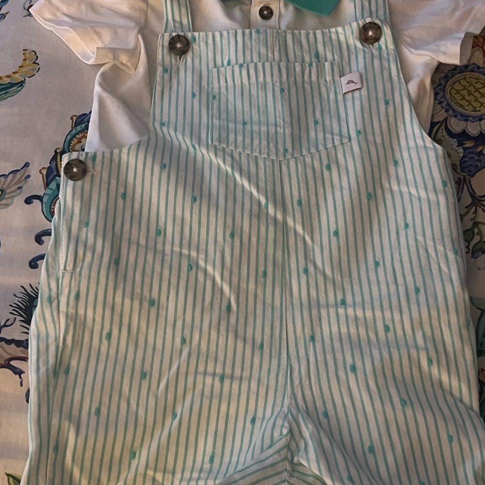 Kids Striped Overalls - White and Green